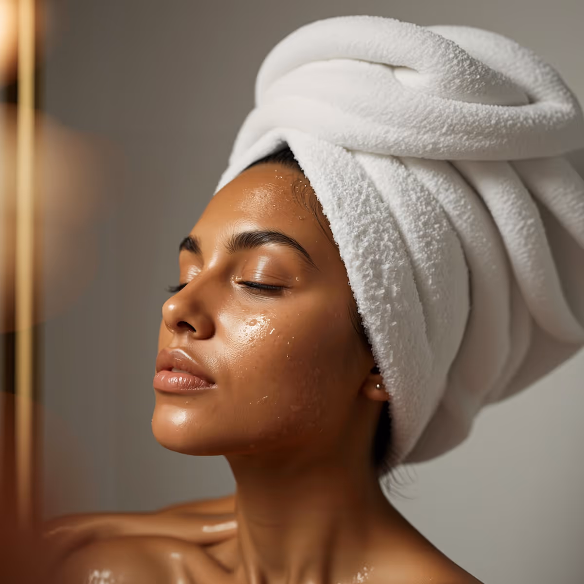 Woman 長続きする glowing skin 習慣を closed eyes, wearing a white towel wrapped around her head.